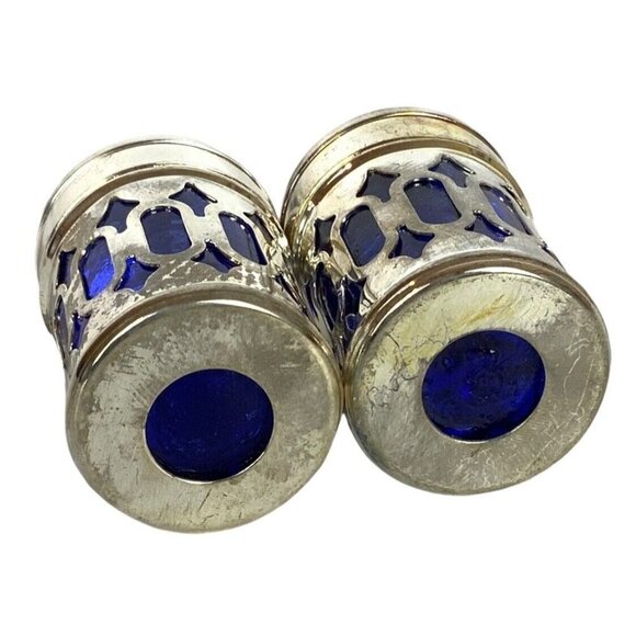 Filigree Silver Plate and Cobalt Blue Glass Individual Salt Pepper Shakers - Picture 4 of 4